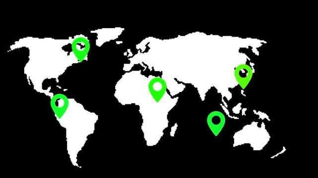 Colorful location icon on world map different information black background. 4k video. World map with points icon isolated on black background. 