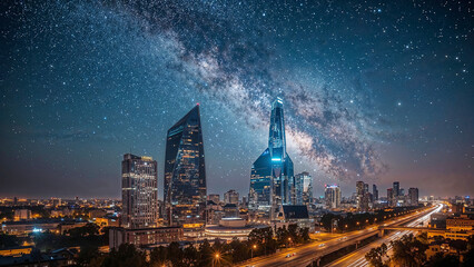 Fototapeta premium Night cityscape under a stunning milky way galaxy