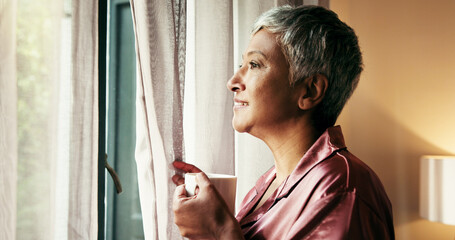 Wake up, curtain and senior woman with coffee in bedroom for reflection, start day and relax....