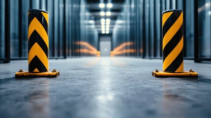 A visually striking perspective of an industrial corridor featuring bold safety barriers, illustrating themes of caution, industry, and modern architecture within a corporate environment.