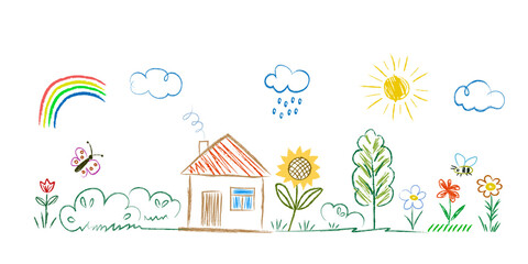 Kids doodle landscape, pictures drawn with pencil. House, tree, flowers, sun, sunflower, clouds, rainbow. Elements of colored children's set. Vector illustration isolated on white background.