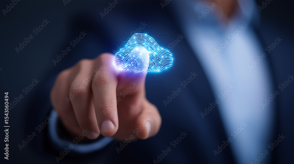 Poster businessman using fingerprint scanning for cloud data security