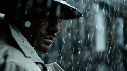 A suspenseful image of a man wearing a raincoat under heavy rain, embodying a noir aesthetic, evoking mystery, drama, and a sense of intrigue in a dark urban environment.