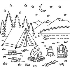 camping in the mountains illustration vector style coloring page 