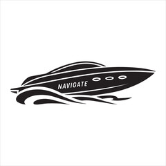 Luxury Speed Boat Icon Silhouette Vector Illustration on Waves