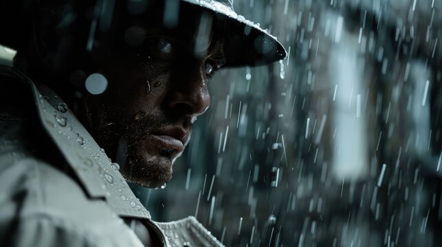 A suspenseful image of a man wearing a raincoat under heavy rain, embodying a noir aesthetic, evoking mystery, drama, and a sense of intrigue in a dark urban environment.