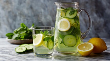 Refreshing summer drinks with cucumber, lemon, and mint served in a glass pitcher