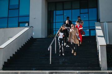 A diverse group of business professionals descending stairs from a modern office building, holding...