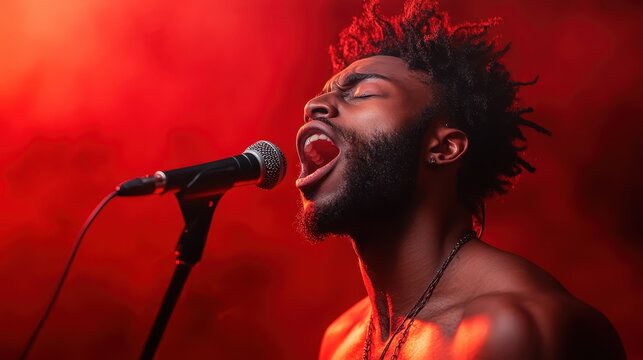 An intense performance captured as a singer passionately belts into a microphone, immersed in the vibrant red light, evoking raw emotions and artistic expression through music.