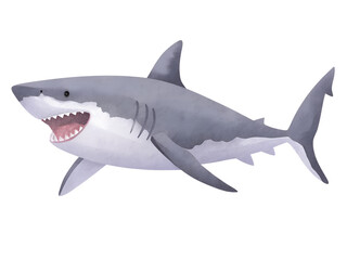 Fototapeta premium Watercolor illustration of a great white shark on transparent background.
