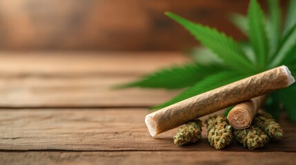 A close-up view of artfully rolled cannabis joints placed elegantly next to fresh cannabis buds, creating a serene and peaceful vibe with a natural aesthetic.