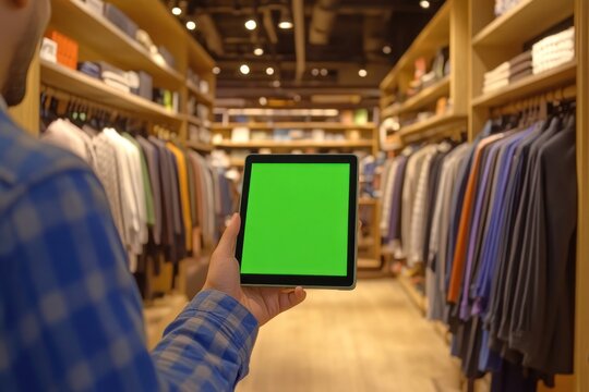 High-end clothing store with modern tech, sales associate using green screen tablet
