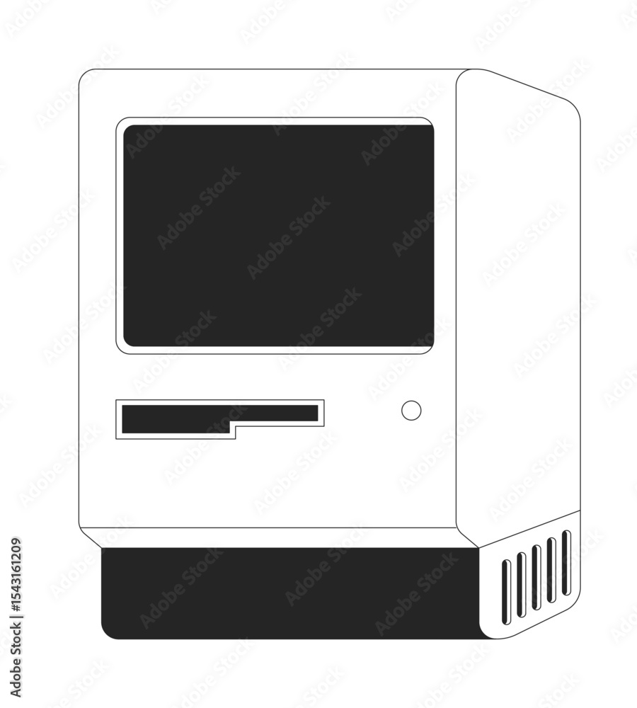 Poster retro macintosh style computer with floppy drive slot 2d line object. y2k hardware. tech nostalgia. 