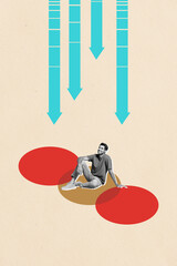 Banner 3d image pop vertical collage of inexperienced businessman stand coin money regress arrow...