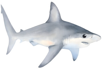 Watercolor illustration of a shark on transparent background.