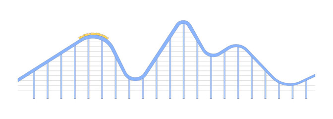 Thrilling roller coaster ride 2D cartoon object. Amusement theme park attraction steep drop. Rail rollercoaster train reaching peak isolated element flat vector clip art on white. Spot illustration