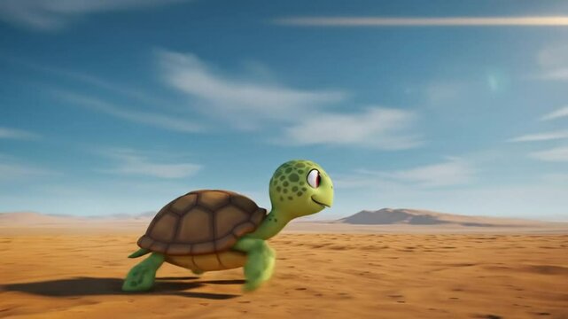 Desert Tortoise Adventure: A whimsical 3D-rendered cartoon tortoise embarks on a journey across a vast, sun-drenched desert landscape under a vibrant blue sky.