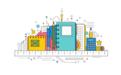 Back to school background with study supplies and office stationery. Geometric poster of education and work concept with icons of pencil, book, notebook, letter and calculator, vector illustration