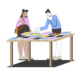 Girl student backpack and man pointing at book table discussing preferences 2D cartoon characters. Bookstore library attendees diverse flat vector people isolated on white. Spot illustration colorful