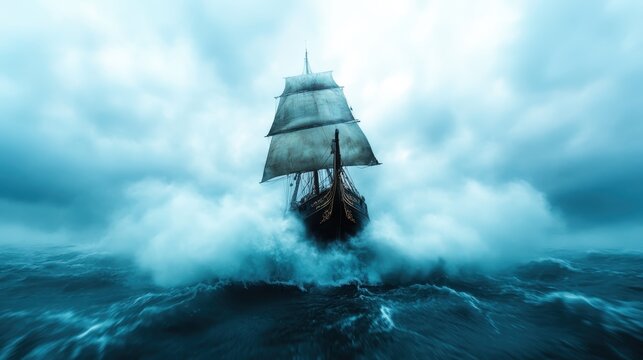 A classic sailing ship bravely navigating turbulent ocean waves under a moody sky, symbolizing adventure and the spirit of exploration amidst nature's beauty and challenges.