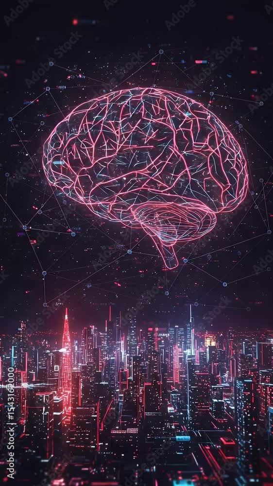 Poster abstract network brain with city artificial intelligence data