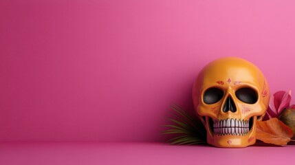 A vibrant and artistic sugar skull placed on a bright pink background, representing cultural richness, tradition, and vibrancy associated with the Day of the Dead.