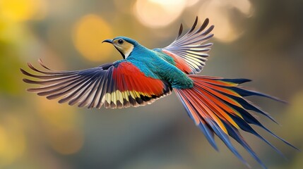 Obraz premium Colorful bird in flight against a bokeh background
