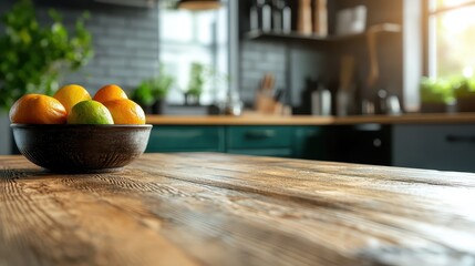 A beautifully arranged bowl of vibrant fruits rests on a wooden kitchen table, beautifully capturing the essence of freshness and a cozy home environment.