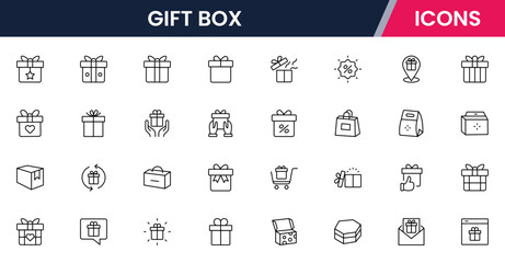 Vector illustration web line icon collection for gift box: presents, ribbons, surprises, and celebrations in a festive, modern, and vibrant design style.