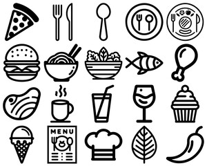Set of Minimalist Black and White Vector Illustration of Restaurant Menu Essentials