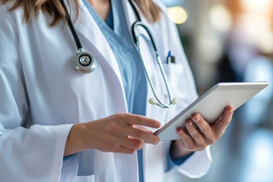 Healthcare professional in lab coat using tablet for remote consultation