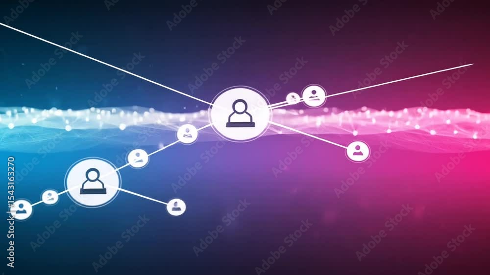 Poster connected people in a digital network with blue and pink waves abstract background creating a techno