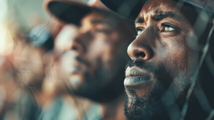 A group of focused individuals stands behind a fence, their expressions reflecting anticipation and determination, capturing the essence of shared experiences in a communal gathering.