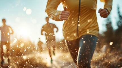 A dynamic scene of runners sprinting through a sunlit path captures the essence of fitness, determination, and the exhilarating joy of movement in nature.