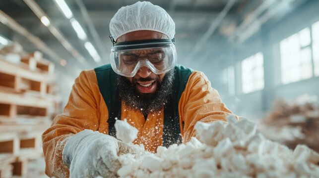 A focused worker in protective gear is mixing materials in a production plant, creating a cloud of dust that highlights the industrious setting of the image.