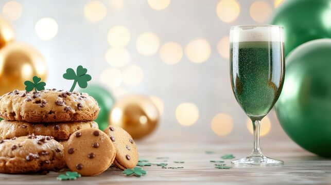 A delightful spread of chocolate chip cookies and a flute of green-colored champagne, embodying festive spirit and celebration, perfect for parties and special occasions.