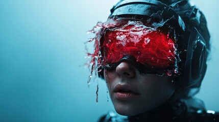 This striking image features a futuristic woman wearing a high-tech visor with a red tint, surrounded by water droplets, symbolizing technology and human evolution.