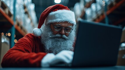 This image showcases Santa Claus working diligently on a laptop, surrounded by boxes in a warehouse, blending holiday spirit with modern technology.