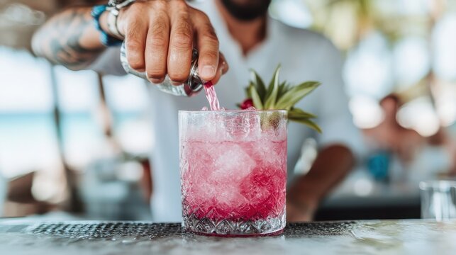 A bartender skillfully pours bright pink liquid into a glass filled with ice, creating a refreshing cocktail, set against a lively beach bar backdrop, evoking summer vibes.