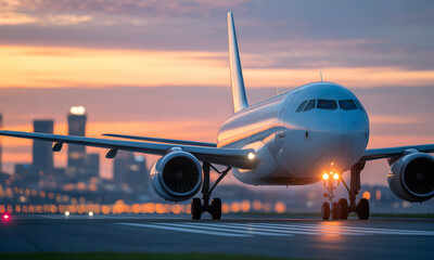 Airplane on runway at sunrise over city