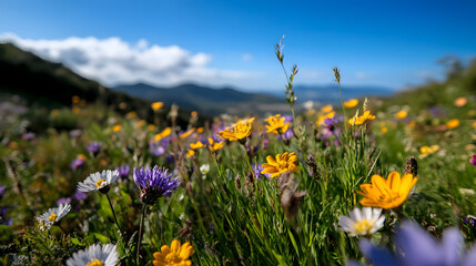 Obraz premium A scenic hillside covered in colorful wildflowers, with a bright blue sky overhead.