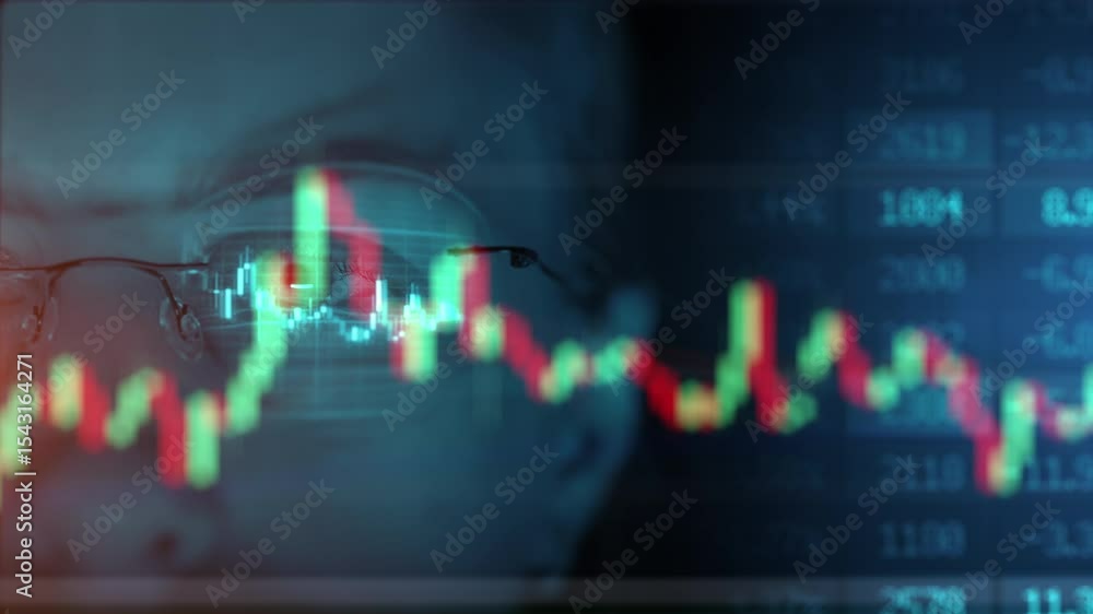 Poster trader wearing glasses is working on laptop computer. screen with stock market charts and bitcoin bt