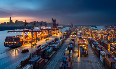 Obraz premium Aerial view of illuminated container port at dusk with cargo ships, cranes, and stacked shipping containers showcasing global trade and logistics hub