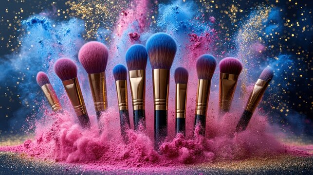 Colorful makeup brushes explode in pink, blue powder cloud