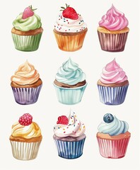 set of watercolor cupcakes