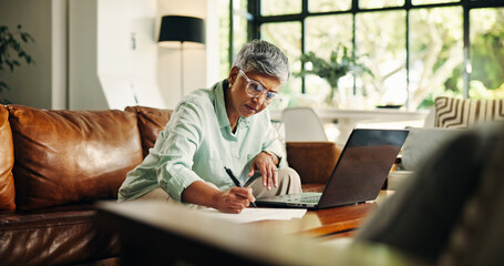 Old woman, finance and writing on document in home for debt, budget review and insurance...