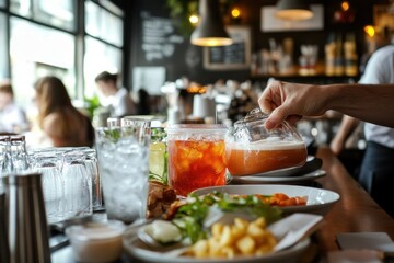 Hands of waiter serving hot meals and iced beverages in busy cafe