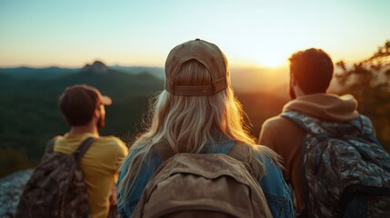 A group of friends enjoying a hike together at sunset, highlighting companionship and adventure while capturing the beauty of nature and the importance of shared experiences.