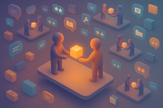 Isometric Collaboration and Communication with Glowing Cube and Platform Concept Illustration