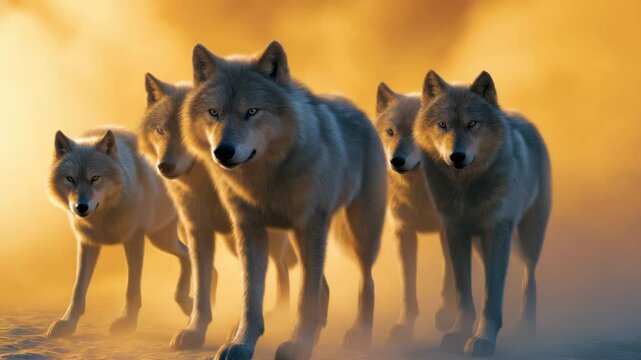 Wolf pack animal group wildlife nature predators canine in golden light habitat